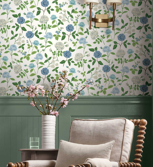 Roses Wallpaper - White & Blue