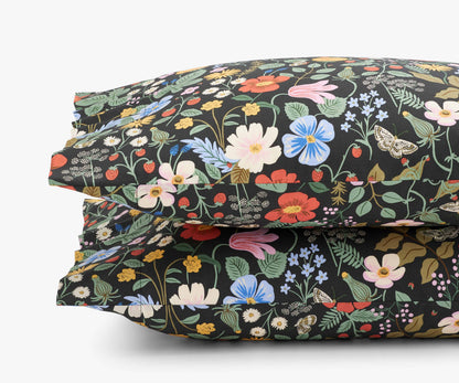 Percale Pillowcases - Strawberry Fields Black - Embroidered Throw Pillow