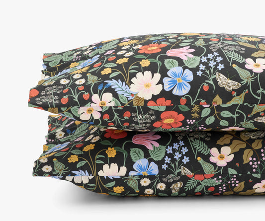 Percale Pillowcases - Strawberry Fields Black - Embroidered Throw Pillow