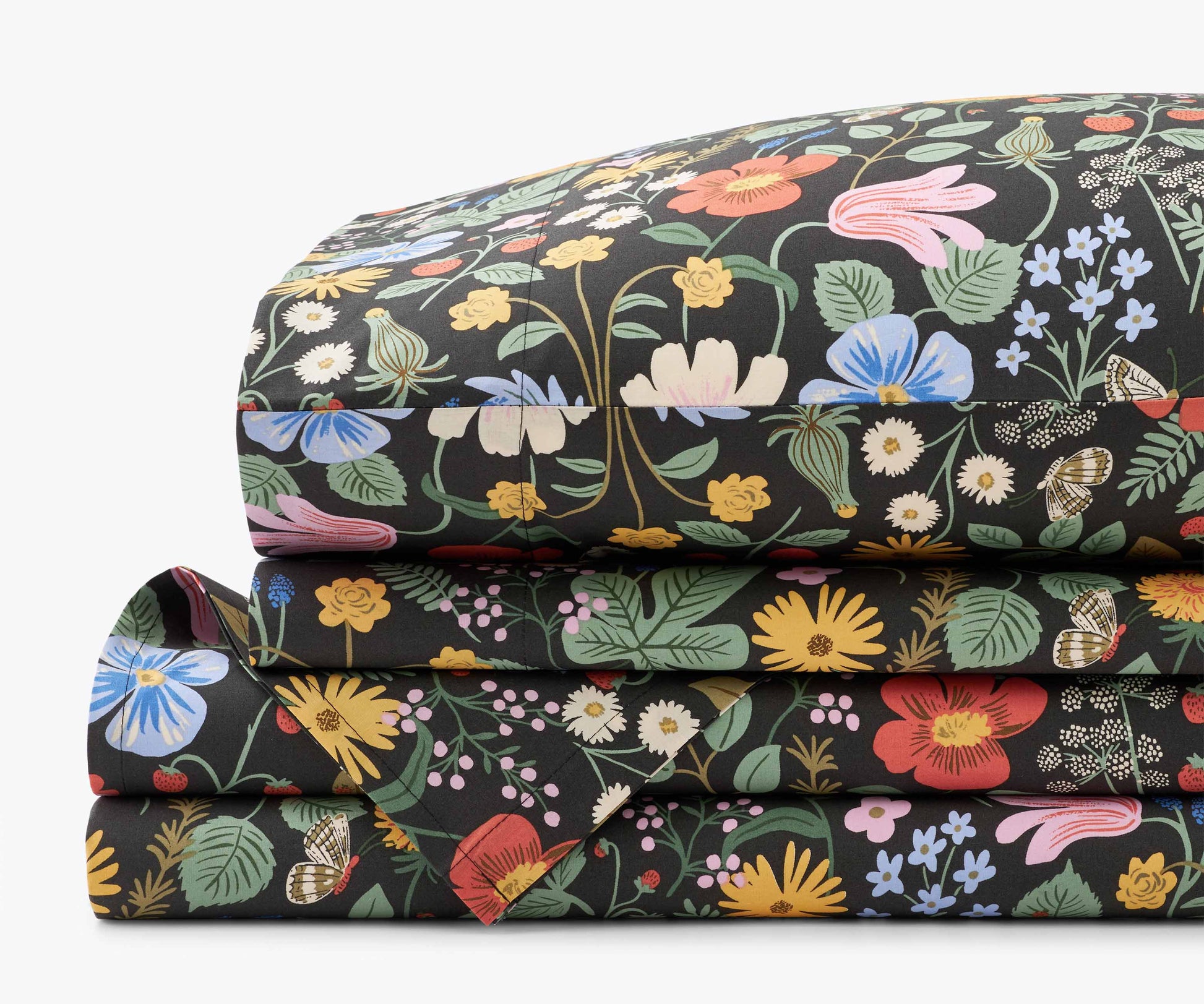 Percale Sheet Set - Strawberry Fields Black - Cotton Loungewear