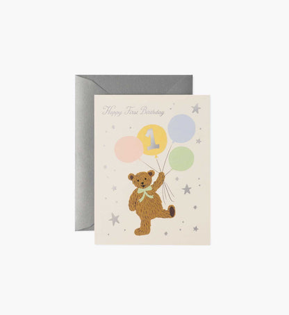 First Birthday Bear Birthday Card - Single Card - Greeting Card with Envelope