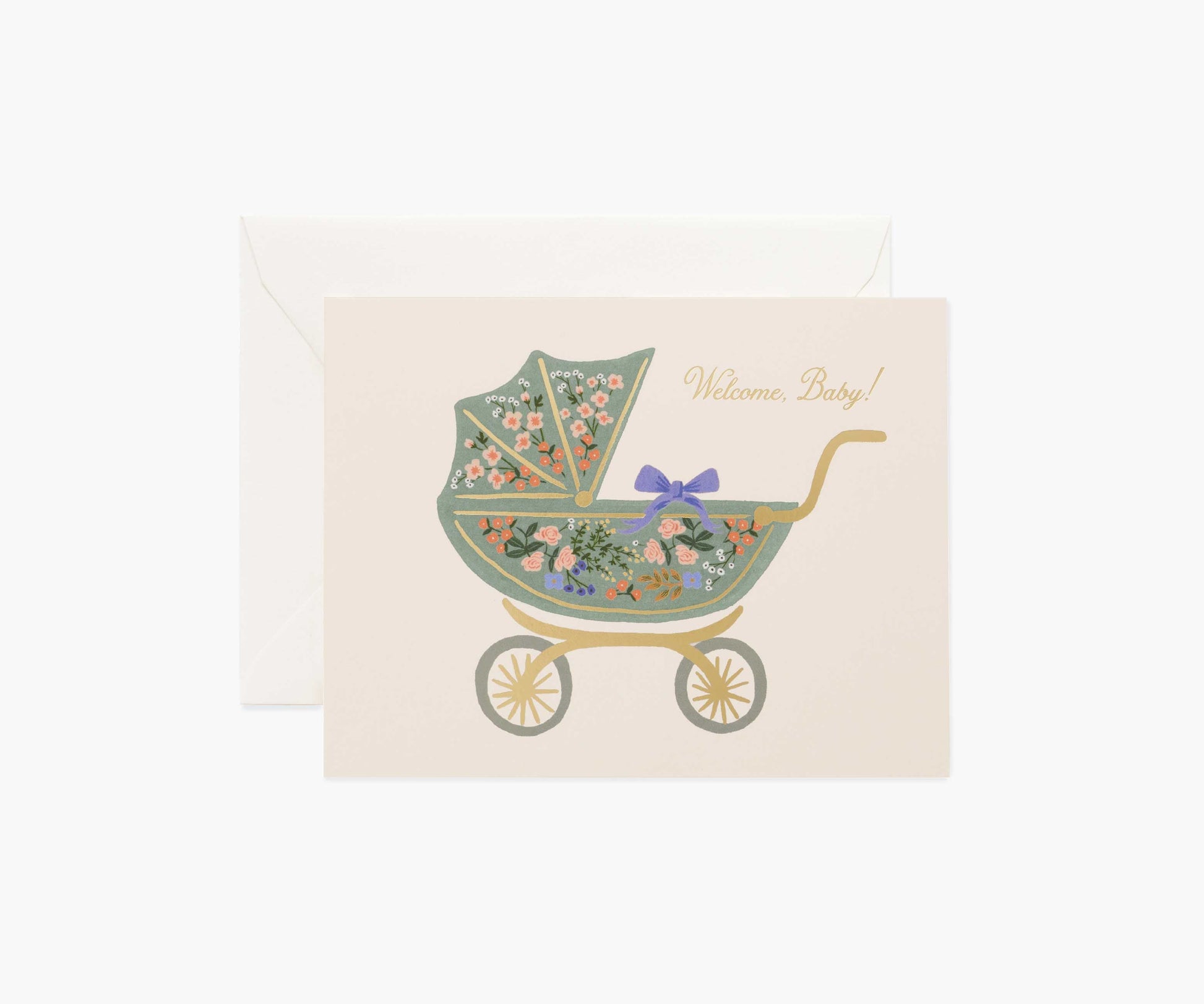 Floral Pram Baby Card - Single Card - Greeting Card with Envelope