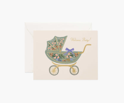 Floral Pram Baby Card - Single Card - Greeting Card with Envelope