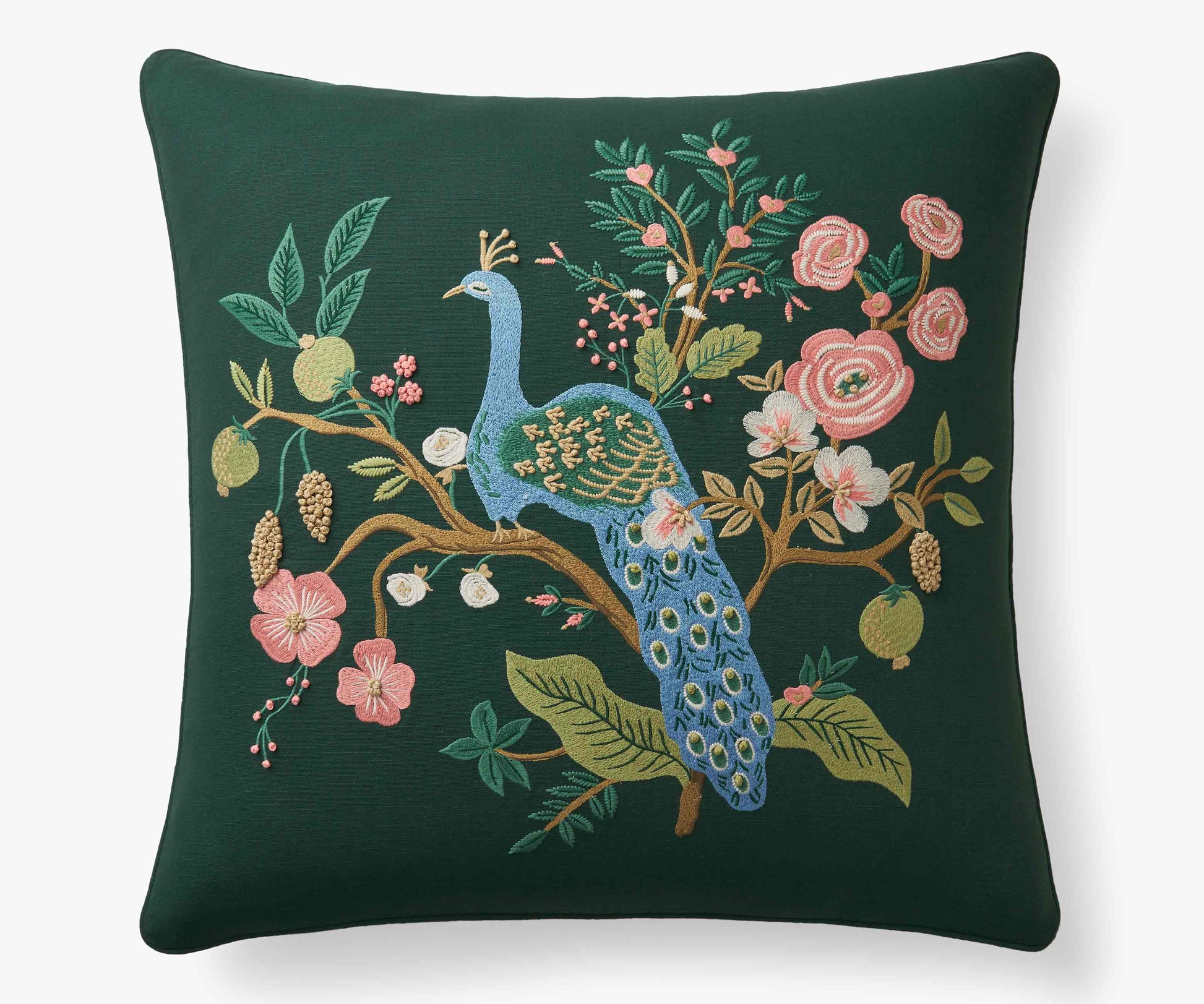 Embroidered Pillow Cover - Peacock Emerald - Embroidered Throw Pillow