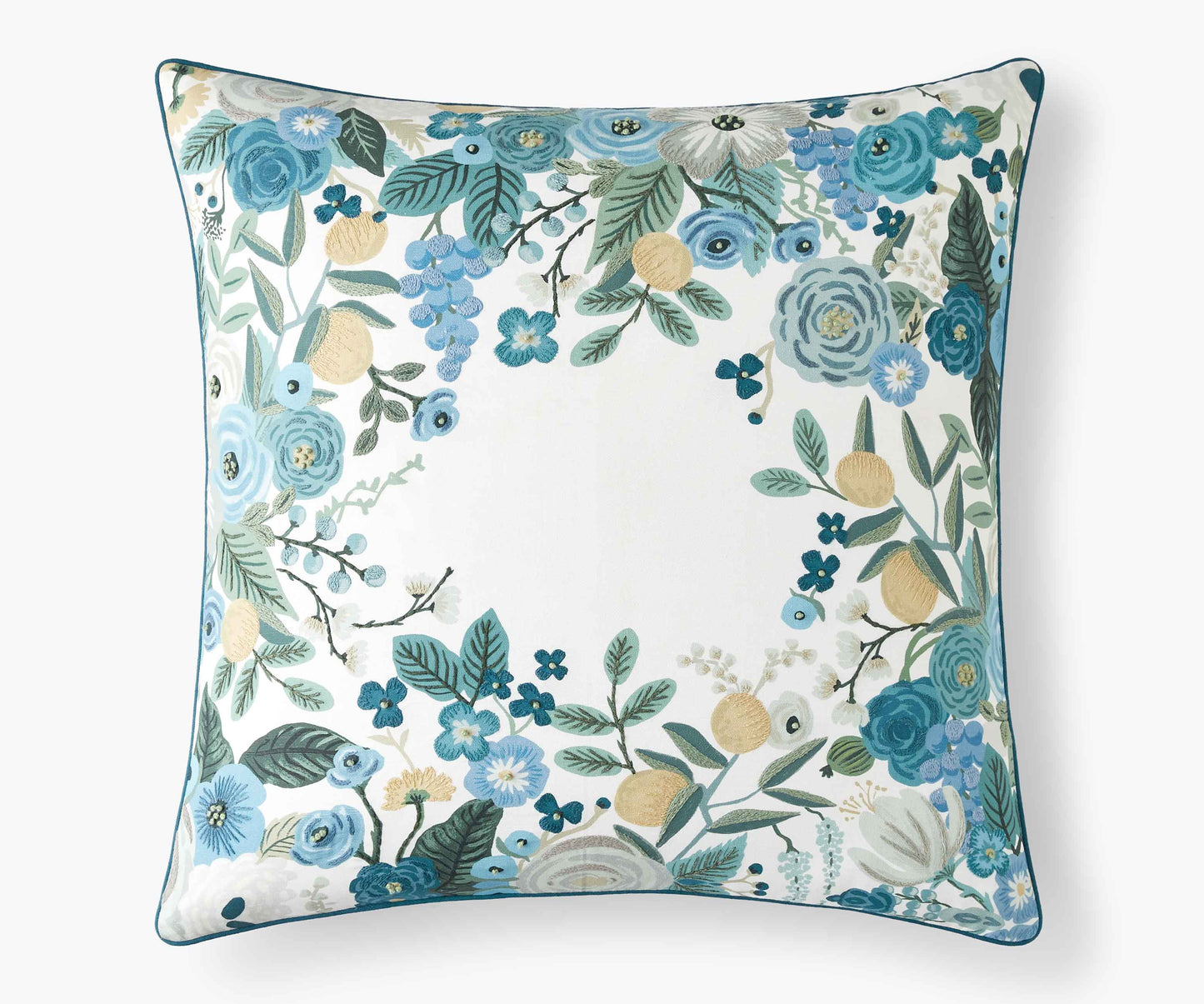Embroidered Pillow Cover - Garden Party Blue - Embroidered Throw Pillow