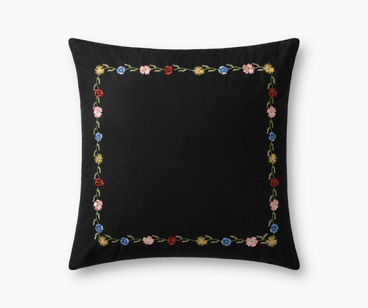 Curio Border Embroidered Pillow - Black - Embroidered Throw Pillow