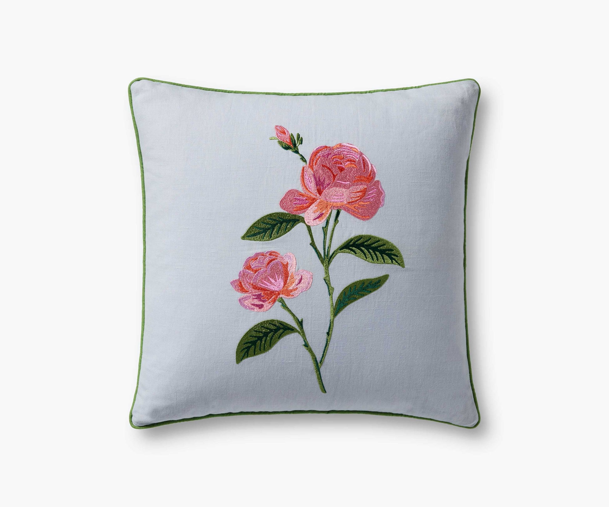 Garden Rose Embroidered Pillow - Blue - Embroidered Throw Pillow