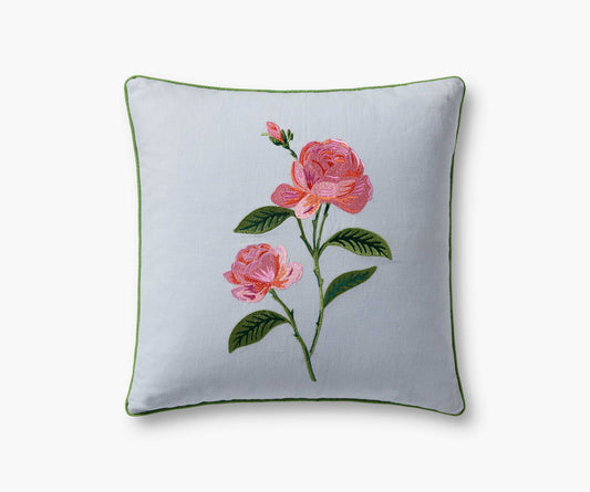 Garden Rose Embroidered Pillow - Blue - Embroidered Throw Pillow