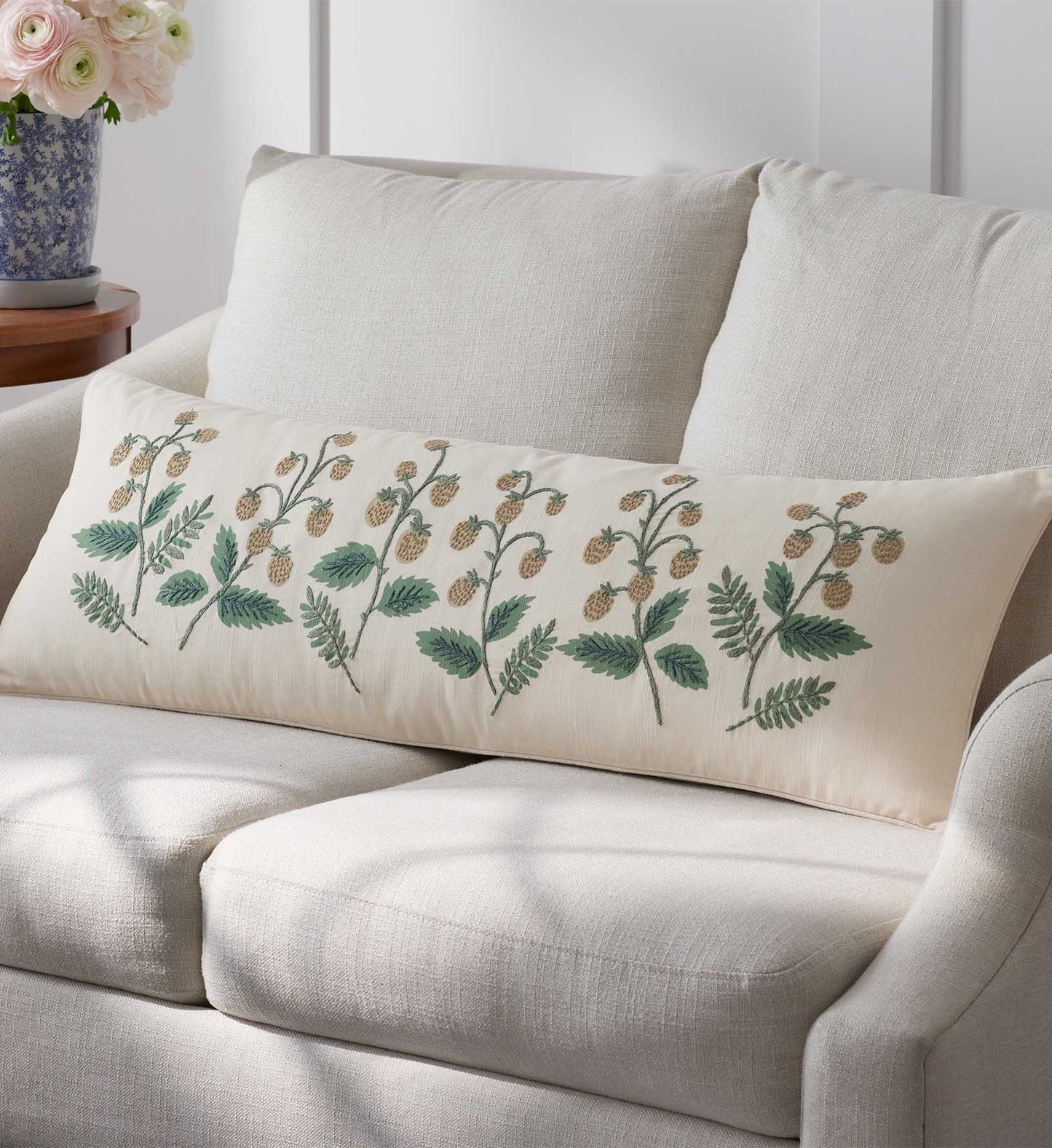 Embroidered Lumbar Pillow Cover - Strawberry Fields