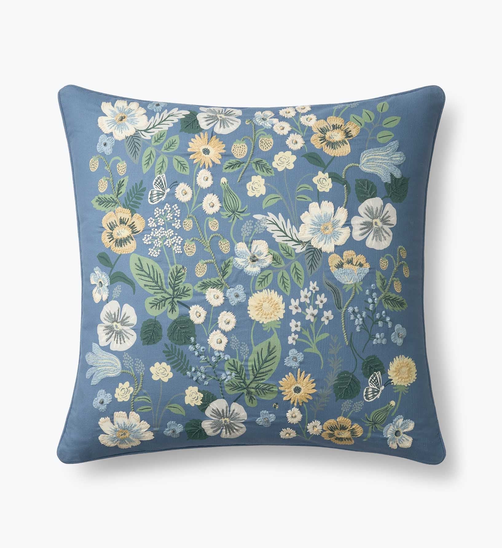 Embroidered Pillow Cover - Strawberry Fields Green - Embroidered Throw Pillow