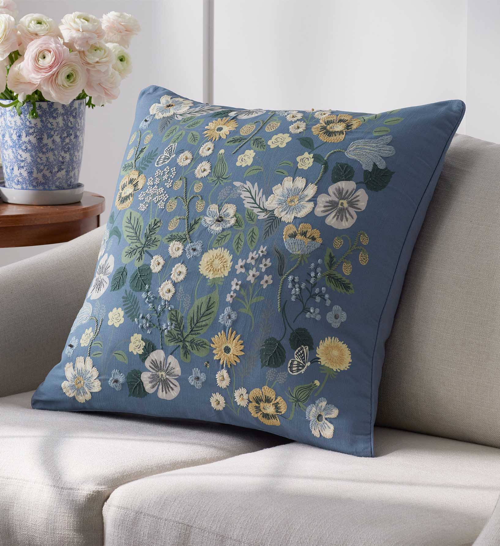 Embroidered Pillow Cover - Strawberry Fields Green