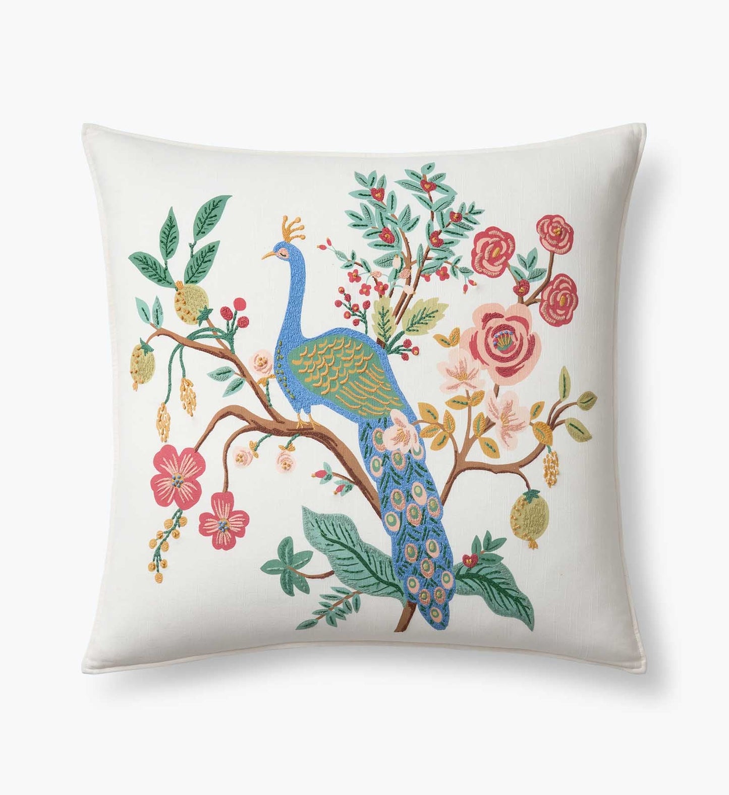 Embroidered Pillow Cover - Peacock Ivory - Embroidered Throw Pillow