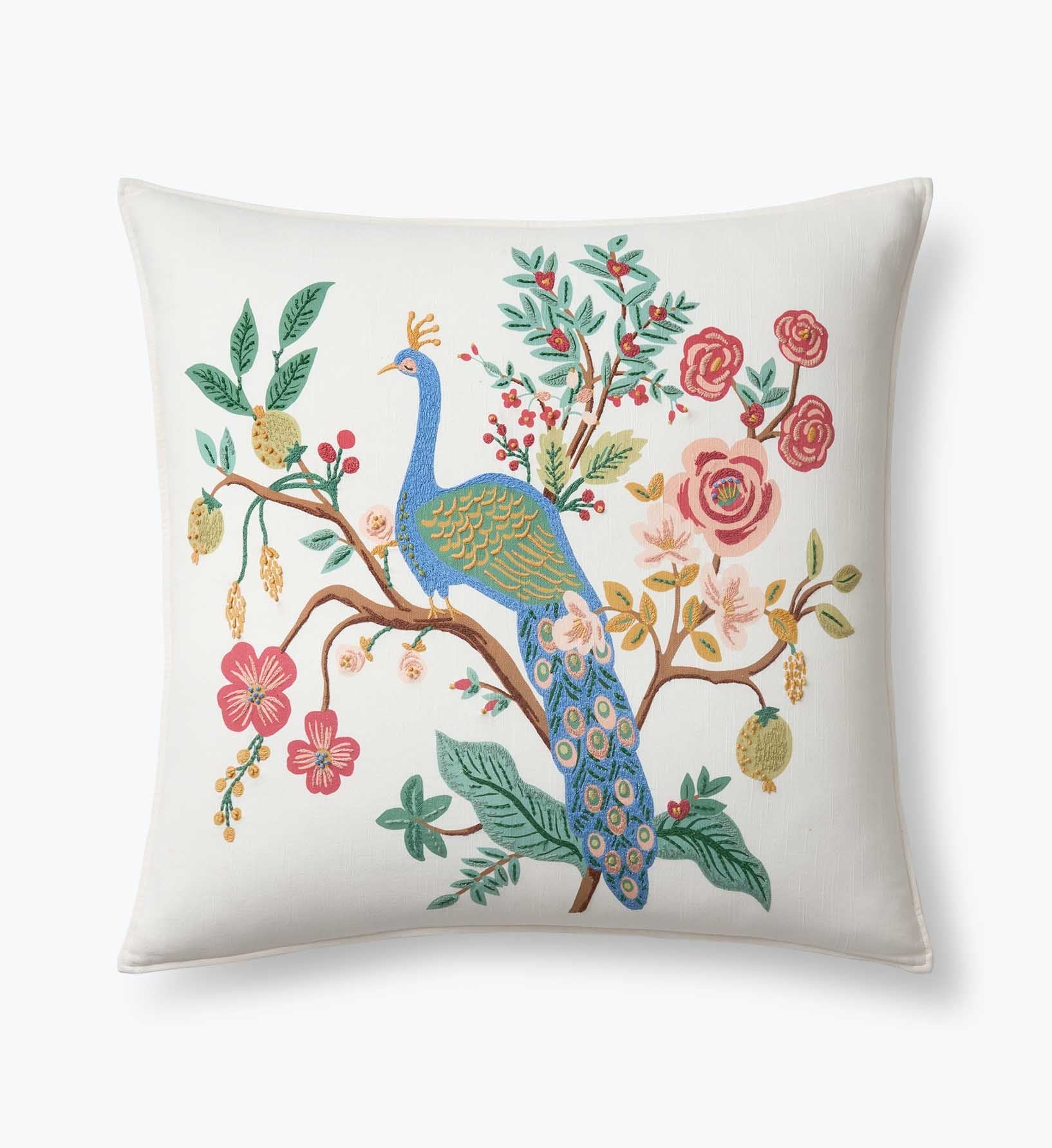 Embroidered Pillow Cover - Peacock Ivory - Embroidered Throw Pillow
