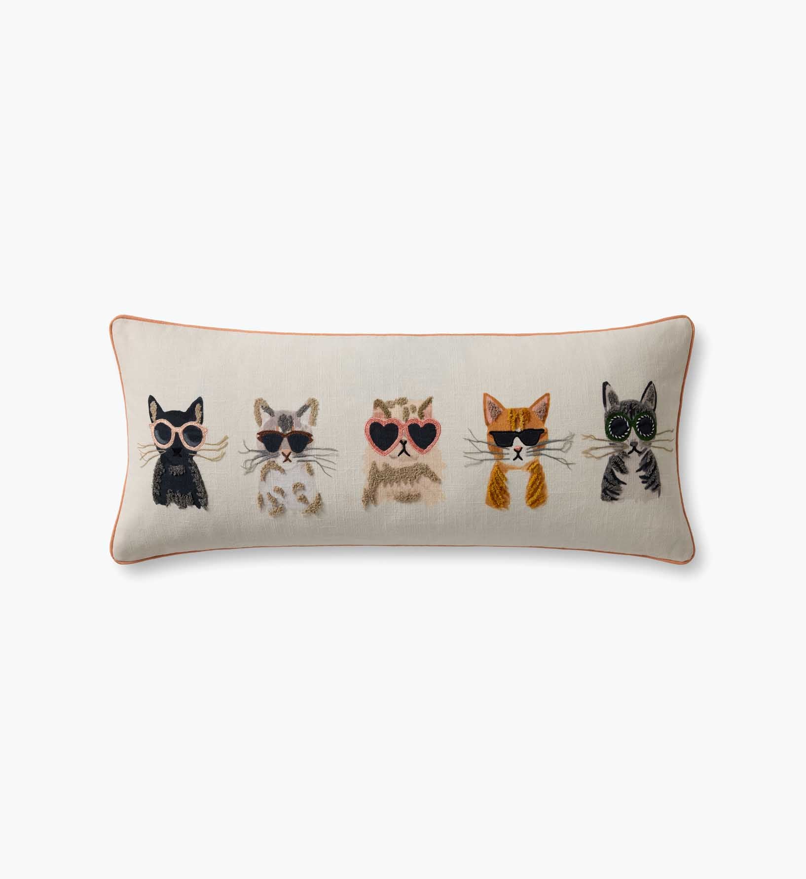 Cool Cats Embroidered Lumbar Pillow - White - Embroidered Throw Pillow