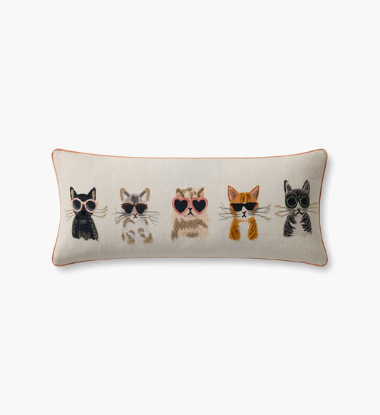 Cool Cats Embroidered Lumbar Pillow - White - Embroidered Throw Pillow