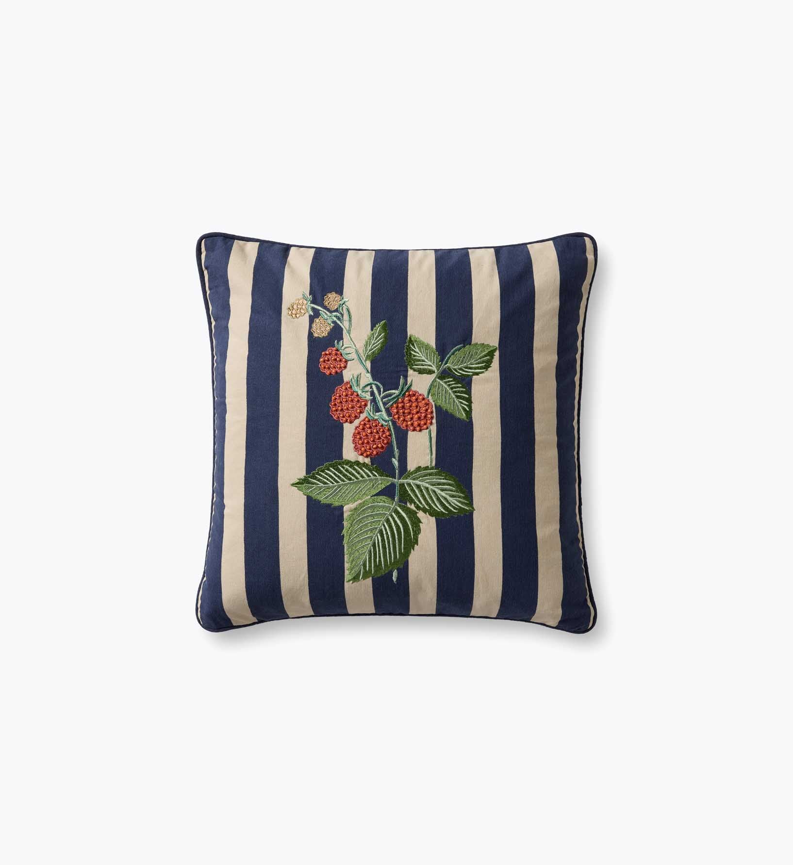 Raspberries Embroidered Pillow - Navy - Embroidered Throw Pillow