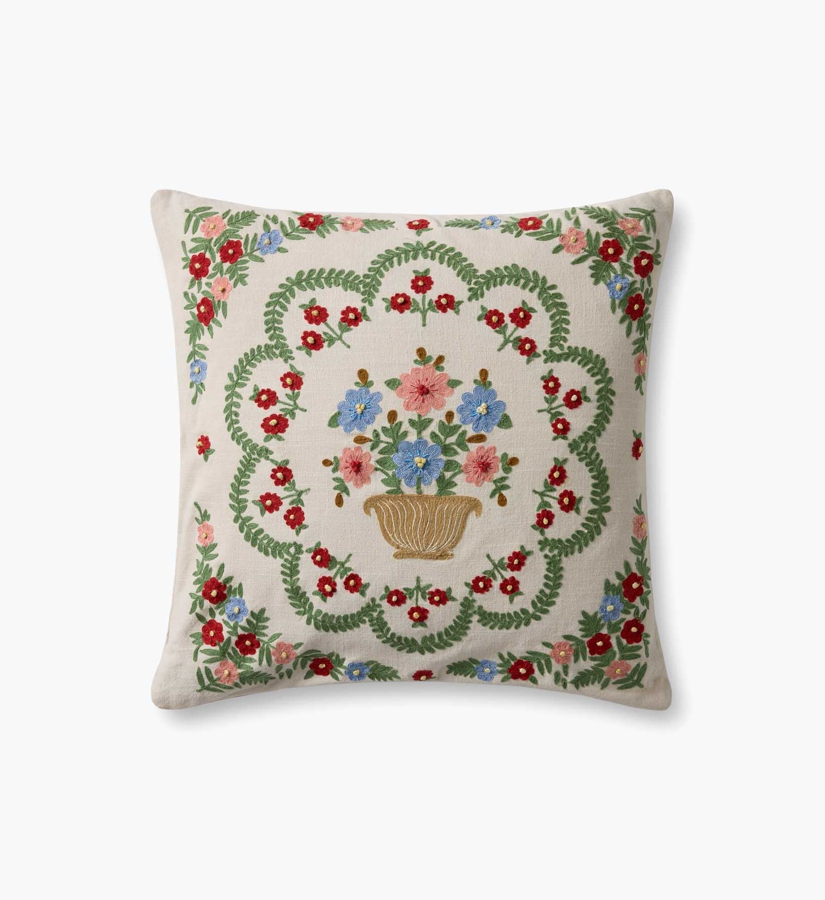 Rosette Vase Embroidered Pillow - Ivory - Embroidered Throw Pillow
