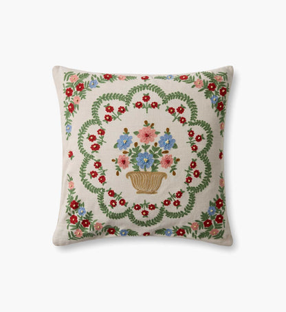 Rosette Vase Embroidered Pillow - Ivory - Embroidered Throw Pillow