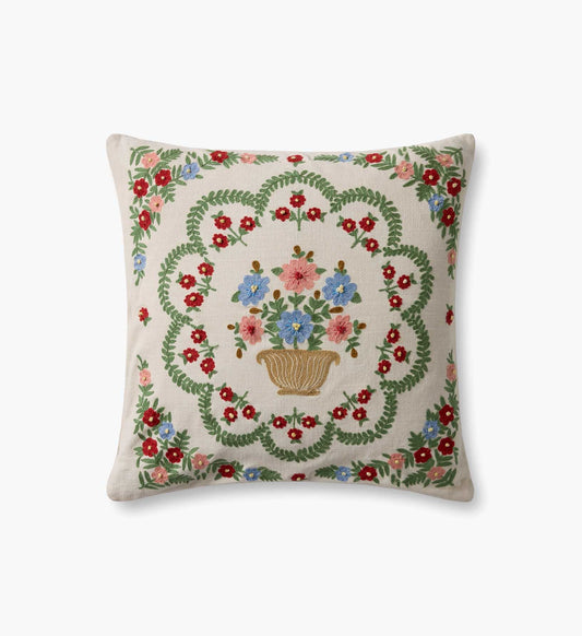 Rosette Vase Embroidered Pillow - Ivory - Embroidered Throw Pillow