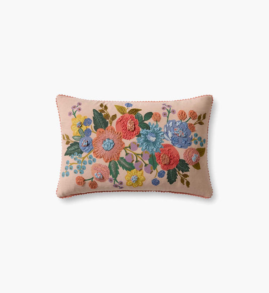 Vintage Garden Embroidered Lumbar Pillow - Pink - Embroidered Throw Pillow