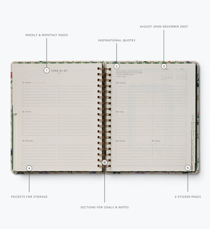 2026-2027 17-Month Academic Hardcover Spiral Planner - Garden Study