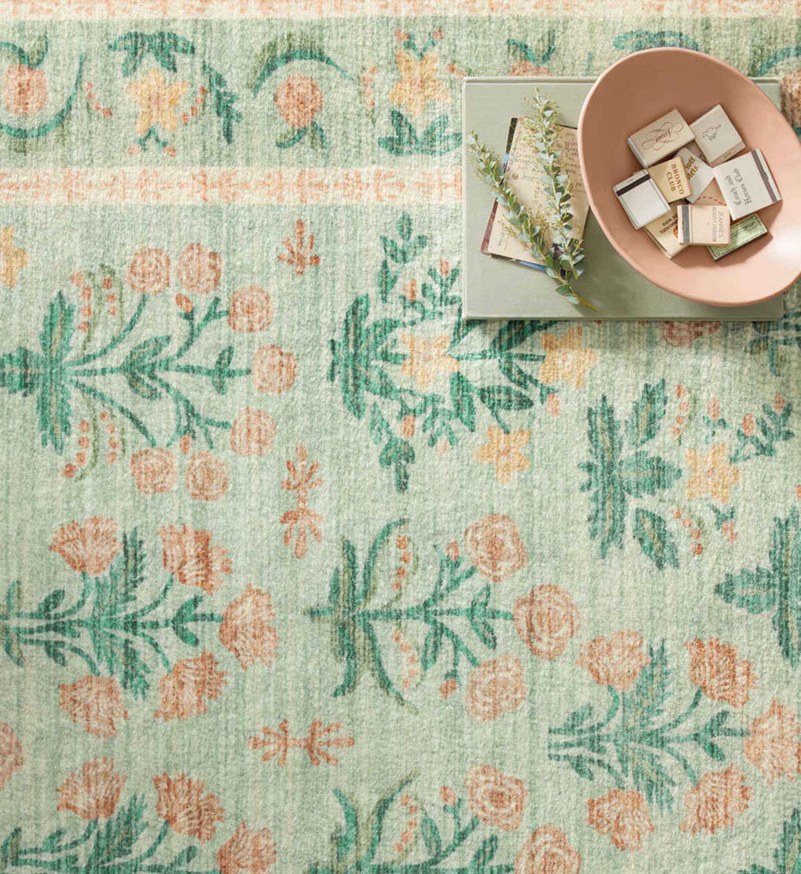 Eden Mughal Rose Power Loomed Rug - Moss