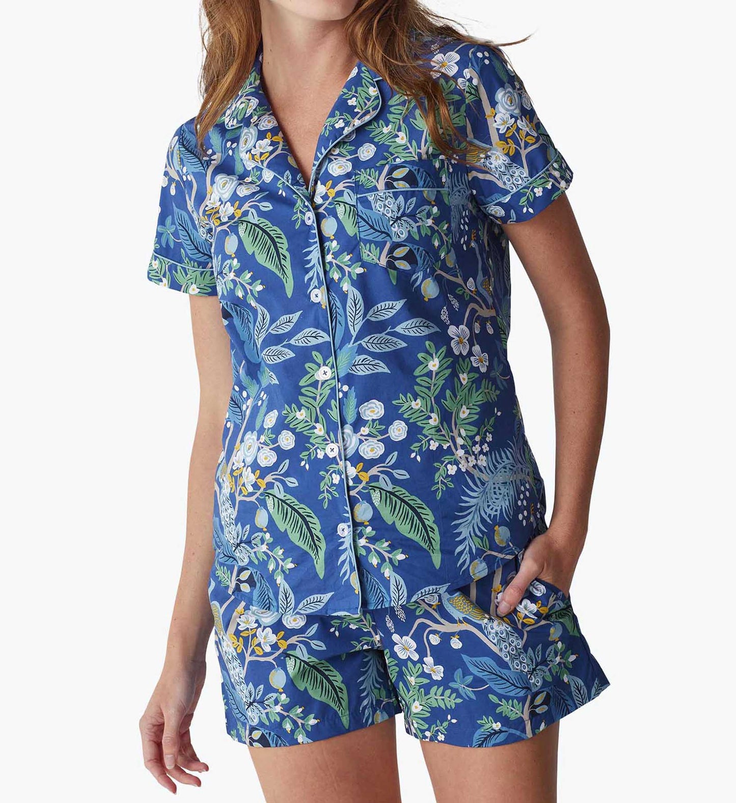 Poplin Button Front Short Set - Peacock - Cotton Loungewear