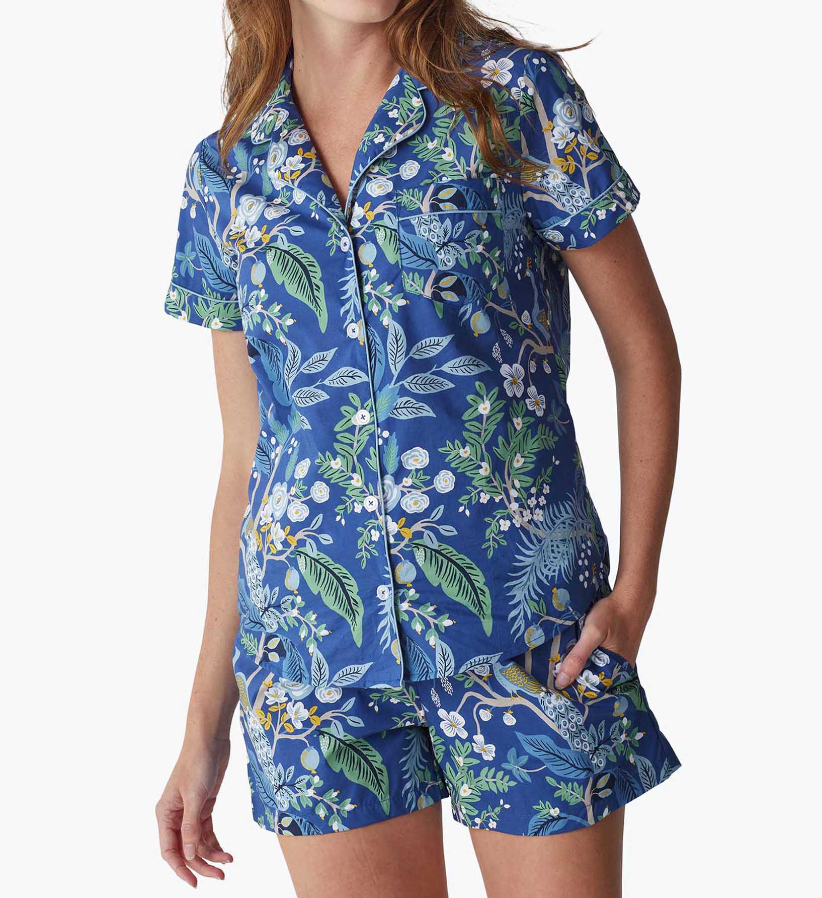 Poplin Button Front Short Set - Peacock - Cotton Loungewear