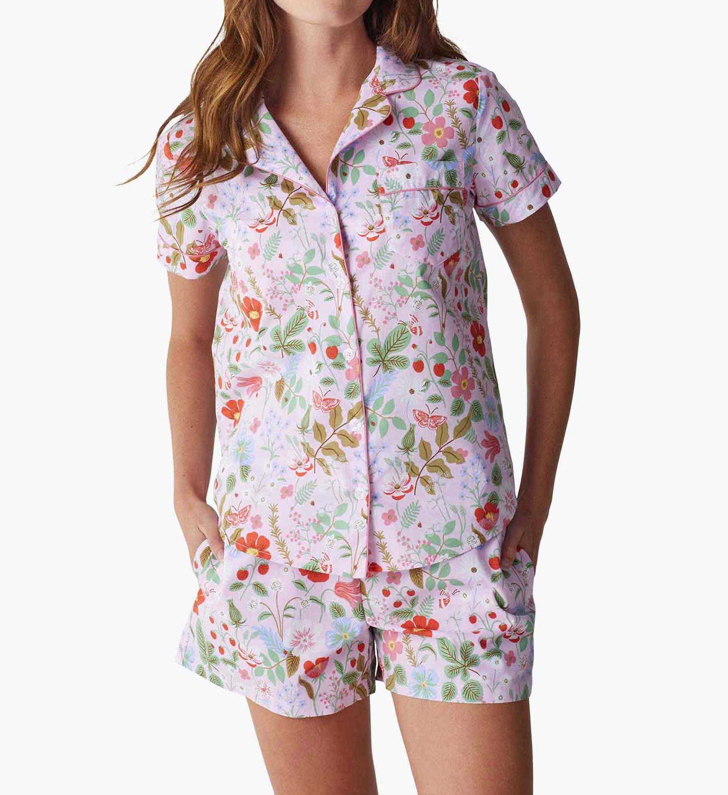 Poplin Button Front Short Set - Strawberry Fields - Cotton Loungewear