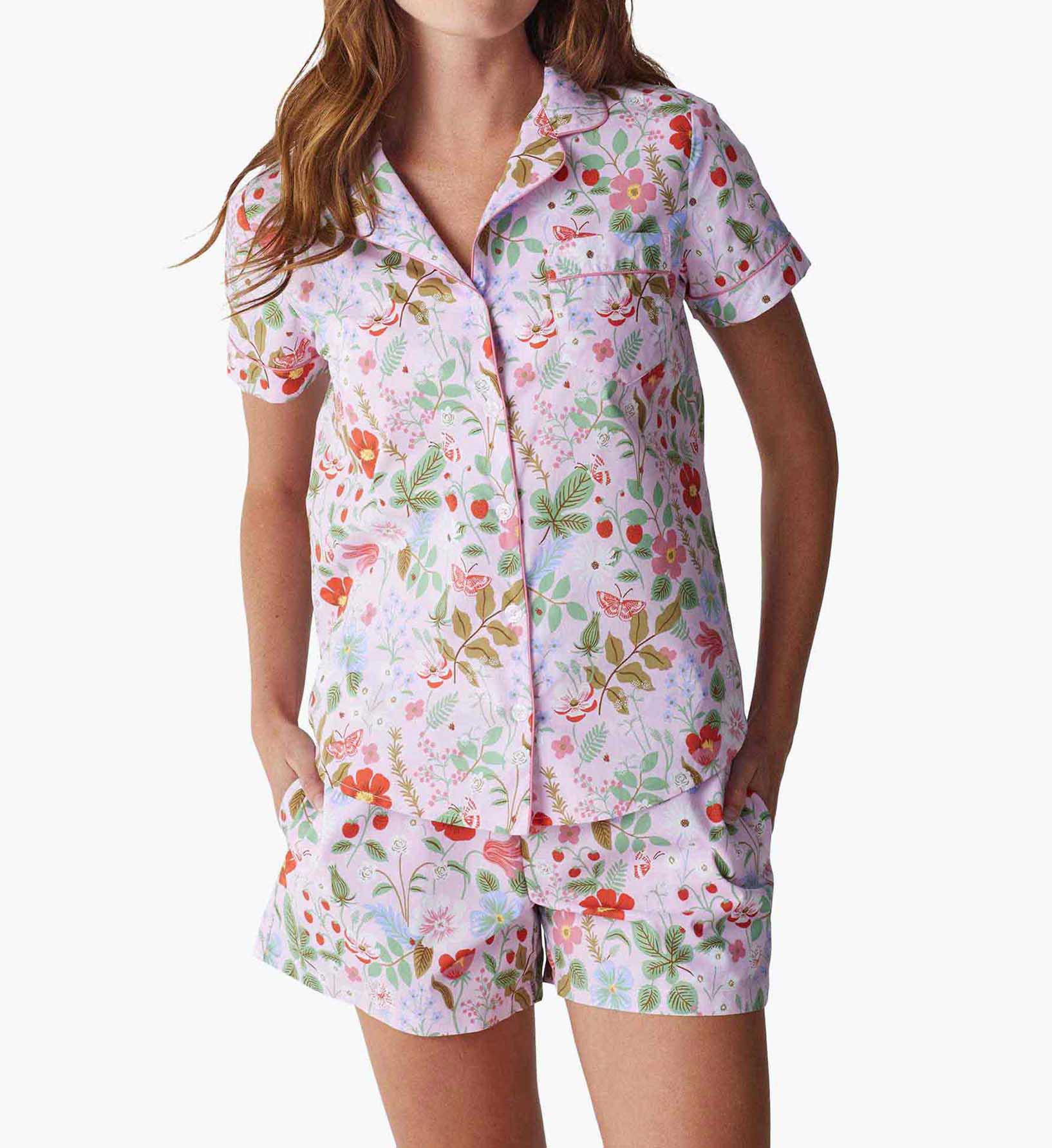 Poplin Button Front Short Set - Strawberry Fields - Cotton Loungewear