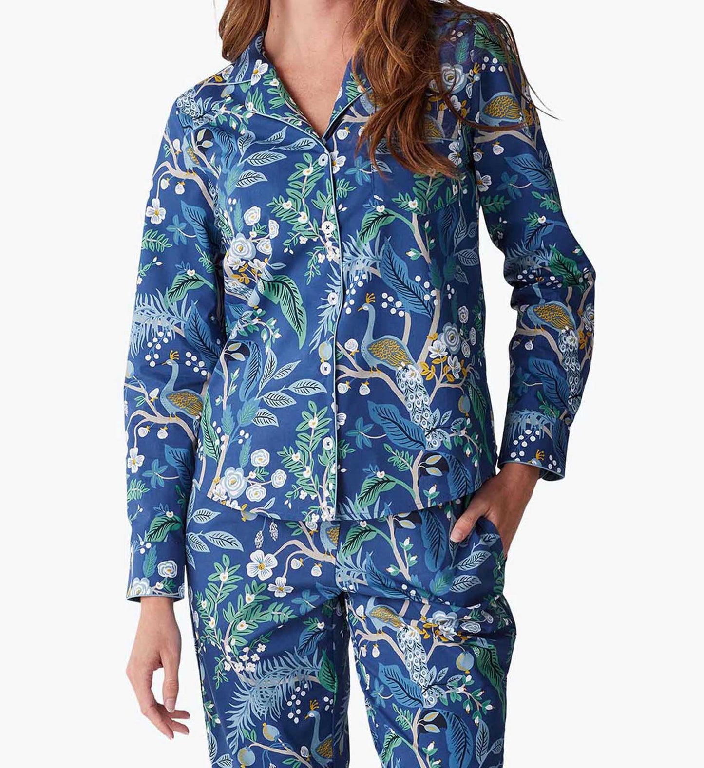 Poplin Button Front Long Set - Peacock - Cotton Loungewear