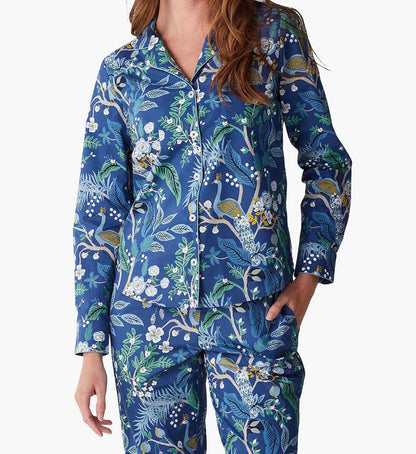 Poplin Button Front Long Set - Peacock - Cotton Loungewear
