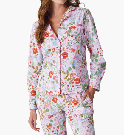 Poplin Button Front Long Set - Strawberry Fields - Cotton Loungewear