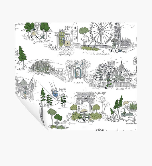 Travel Sketches Peel & Stick Wallpaper - Blue Multi - Peel and Stick Wallpaper