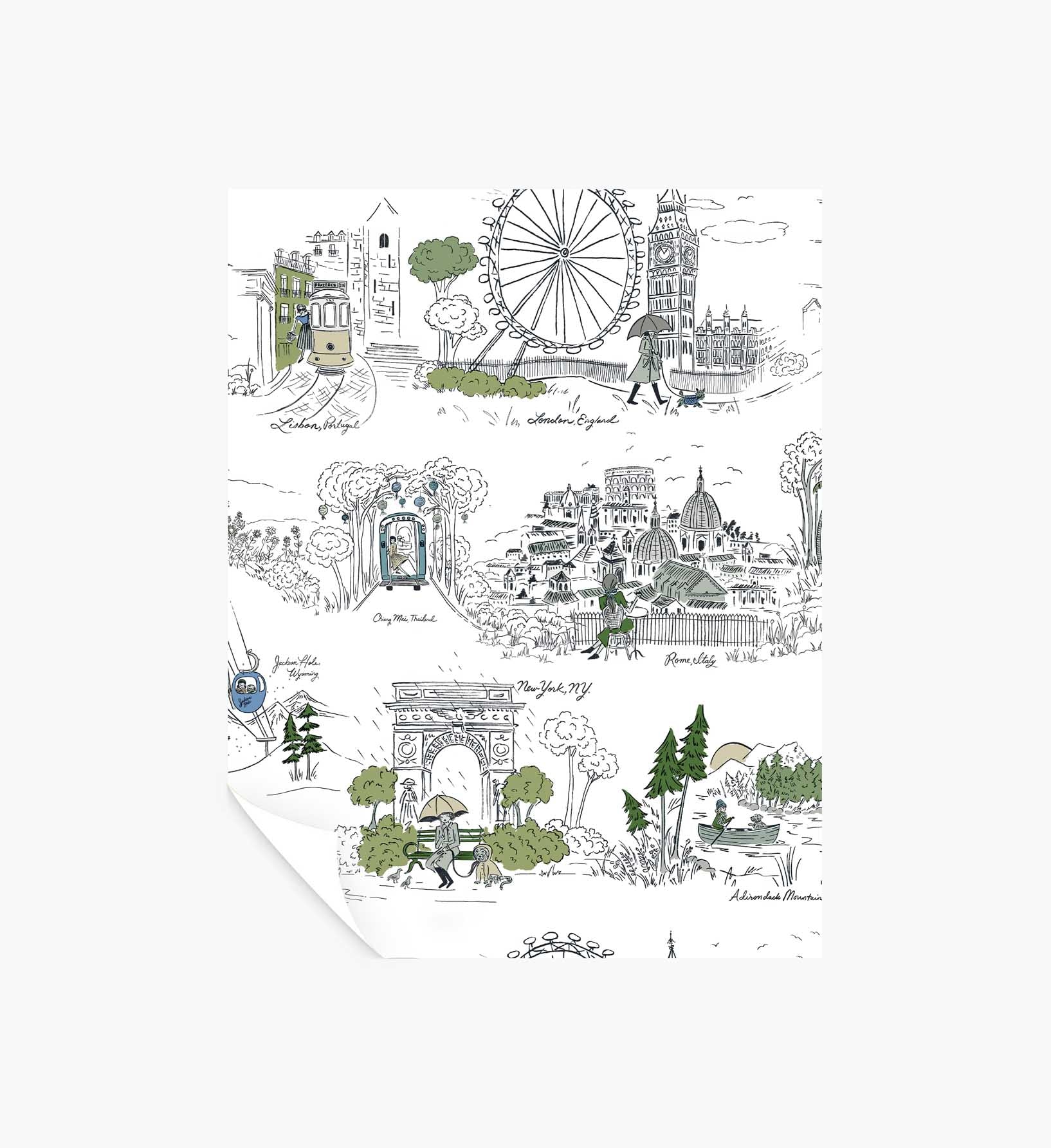 Travel Sketches Peel & Stick Wallpaper Sample - Blue Multi - Peel and Stick Wallpaper