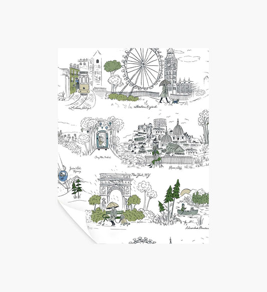 Travel Sketches Peel & Stick Wallpaper Sample - Blue Multi - Peel and Stick Wallpaper