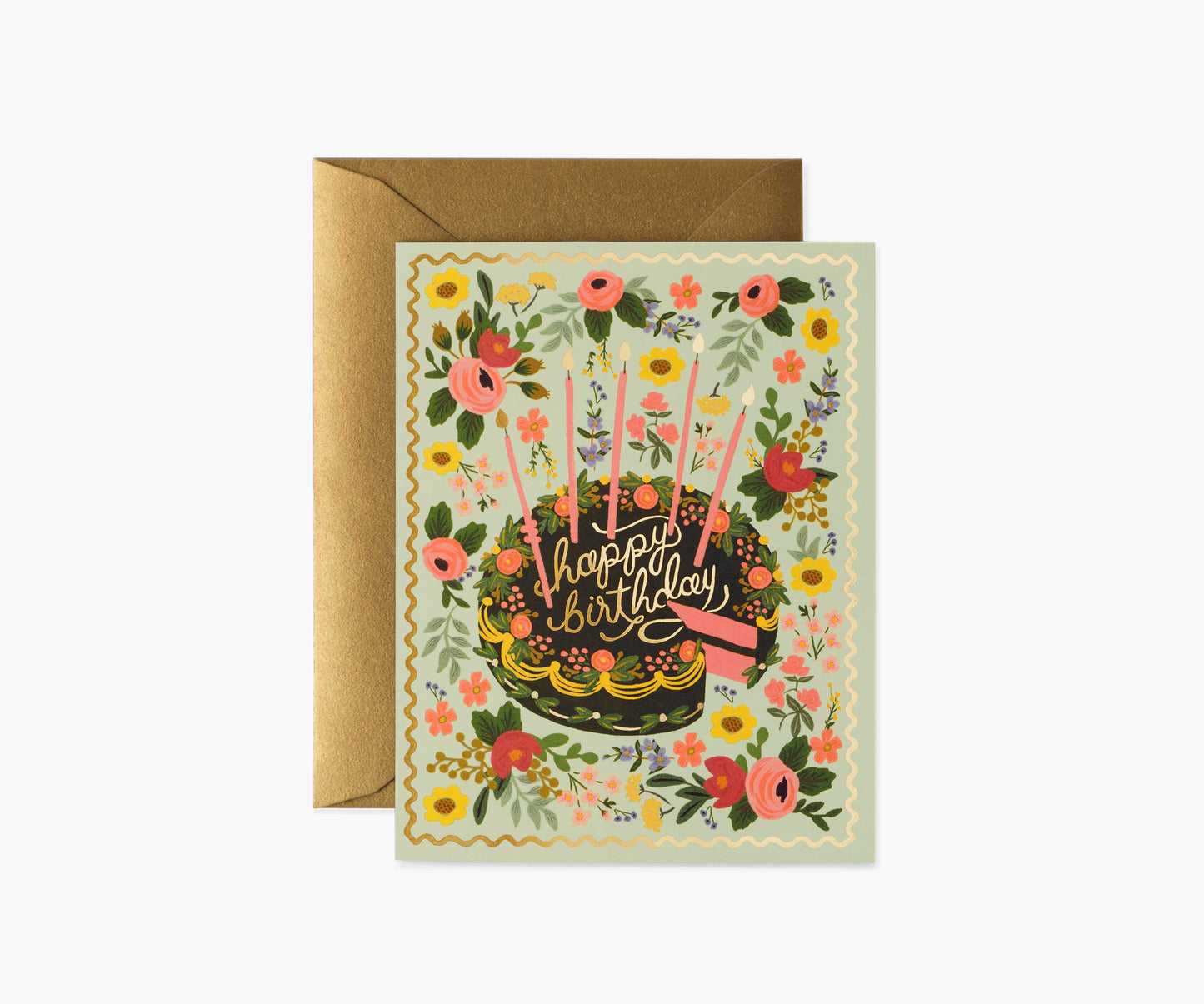 Floral Cake Birthday Card - Single Card - Greeting Card with Envelope