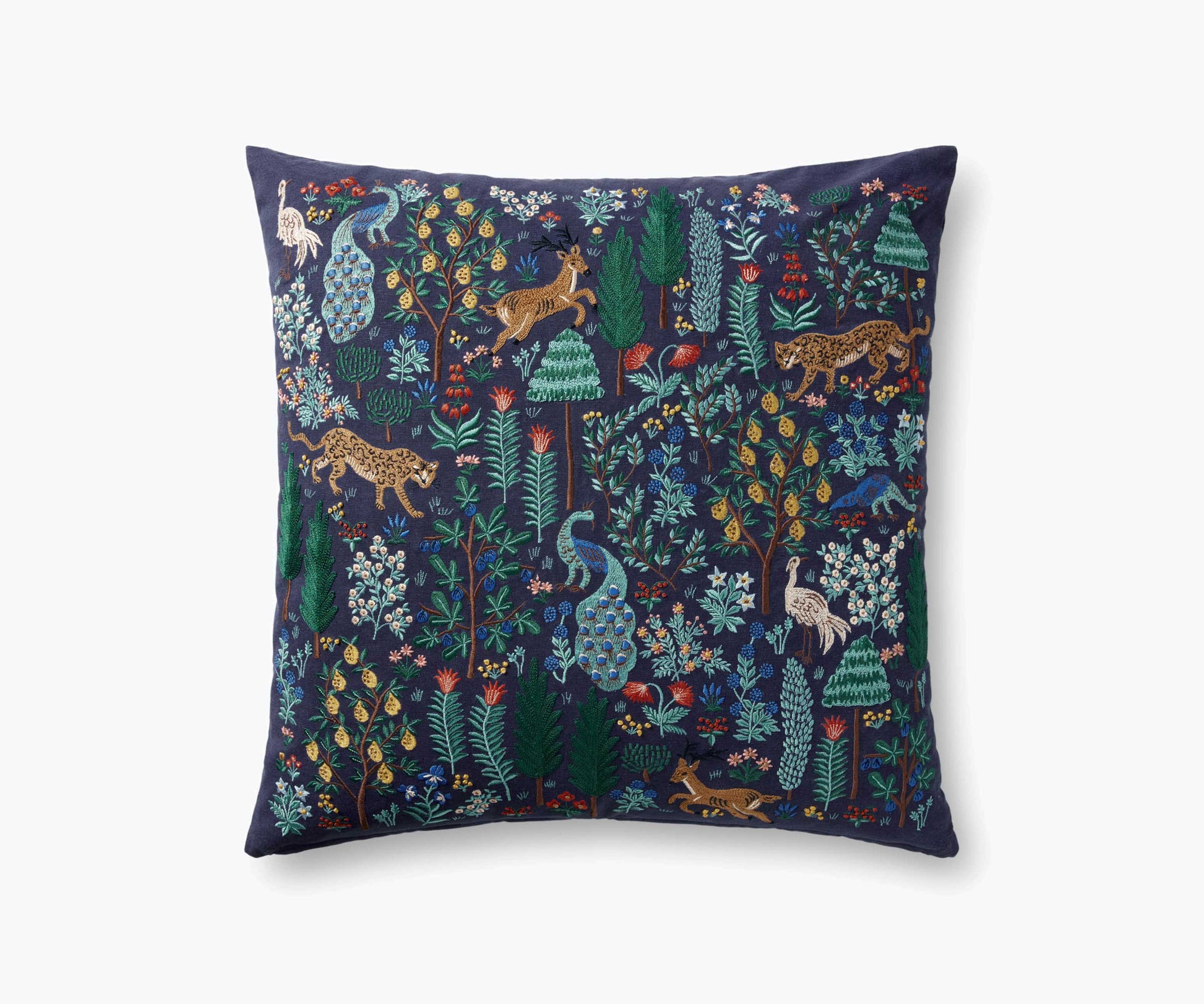 Menagerie Forest Embroidered Pillow - Navy - Embroidered Throw Pillow