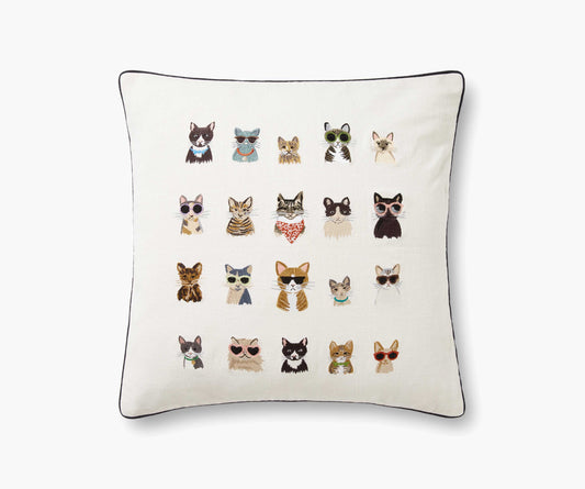 Cool Cats Embroidered Pillow - Cream - Embroidered Throw Pillow
