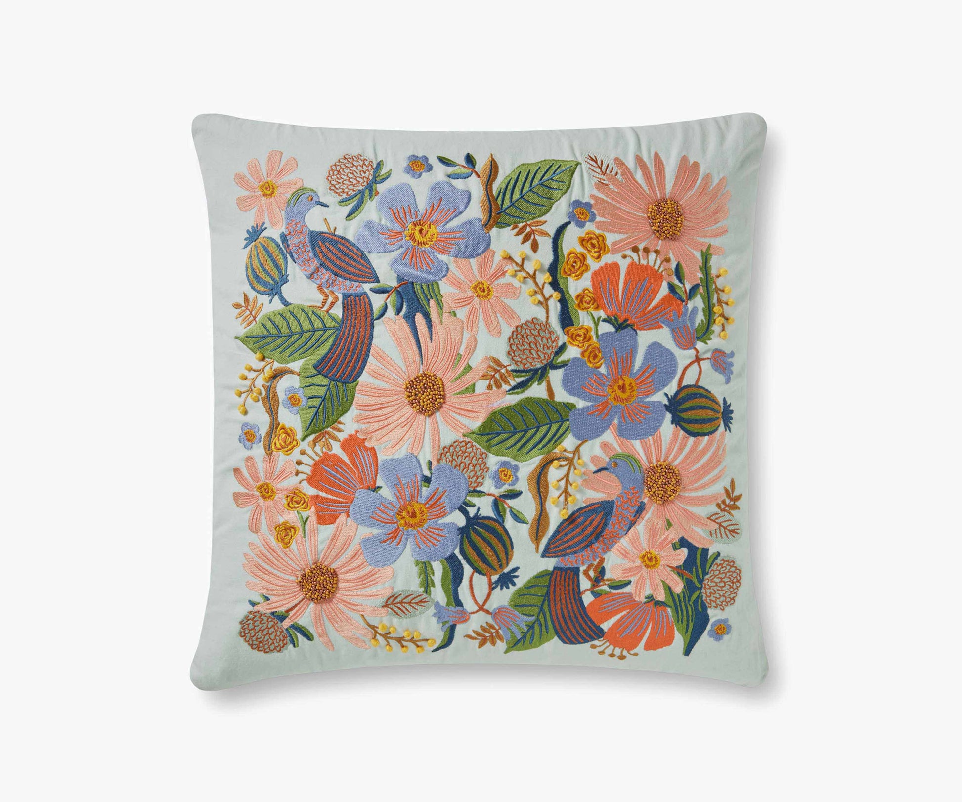 Dovecote Embroidered Pillow - Mint - Embroidered Throw Pillow