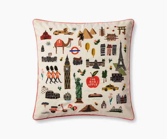 Bon Voyage Embroidered Pillow - Cream - Embroidered Throw Pillow