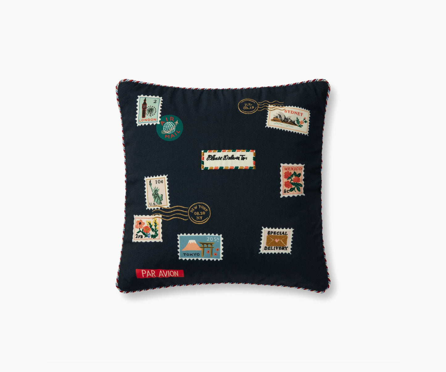 Postage Stamps Embroidered Pillow - Navy - Embroidered Throw Pillow