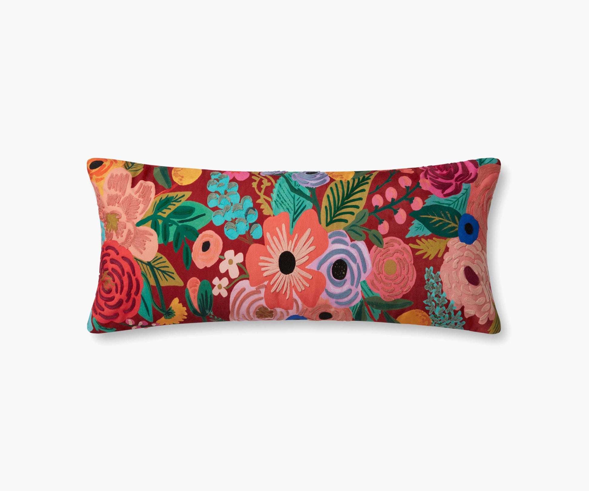 Garden Party Embroidered Lumbar Pillow - Rust - Embroidered Throw Pillow