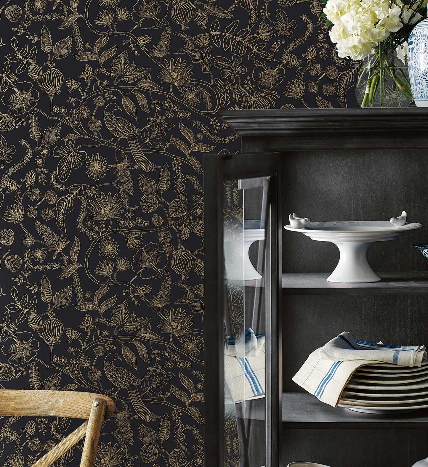 Aviary Peel & Stick Wallpaper - Metallic Gold & Black
