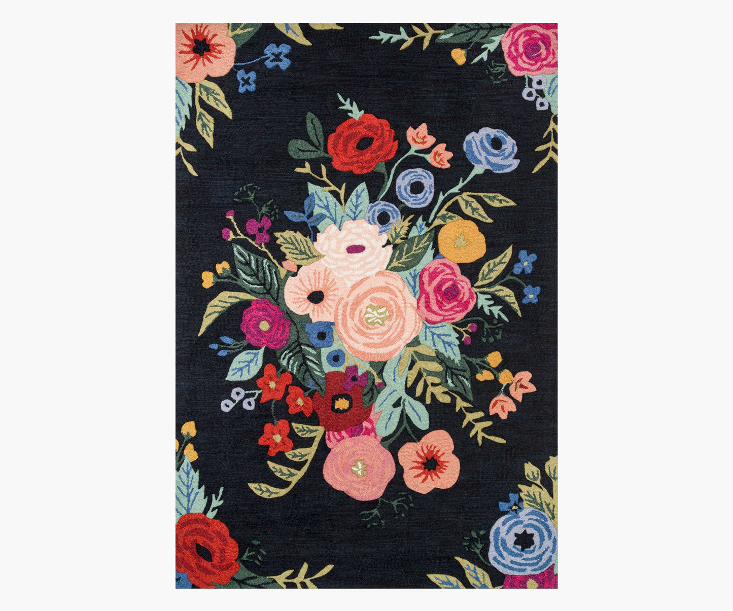 Les Fleurs Juliet Rose Bouquet Wool-Hooked Rug - Black - Premium Design Accessory
