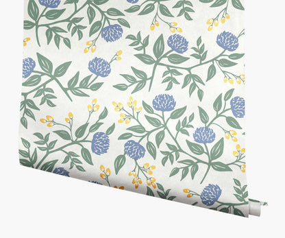 Peonies Wallpaper - Periwinkle & Sage - Peel and Stick Wallpaper