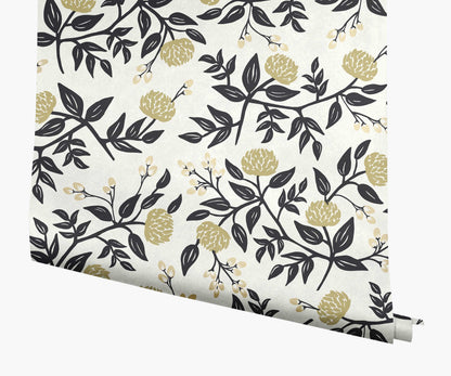 Peonies Wallpaper - White & Black - Peel and Stick Wallpaper