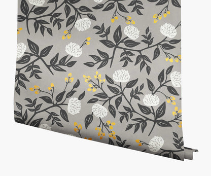 Peonies Wallpaper - Grey - Peel and Stick Wallpaper