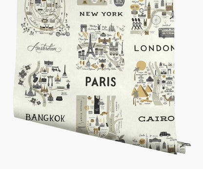 City Maps Wallpaper - Grey & Gold - Peel and Stick Wallpaper