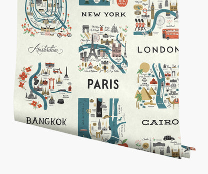 City Maps Wallpaper - Blue & Red - Peel and Stick Wallpaper